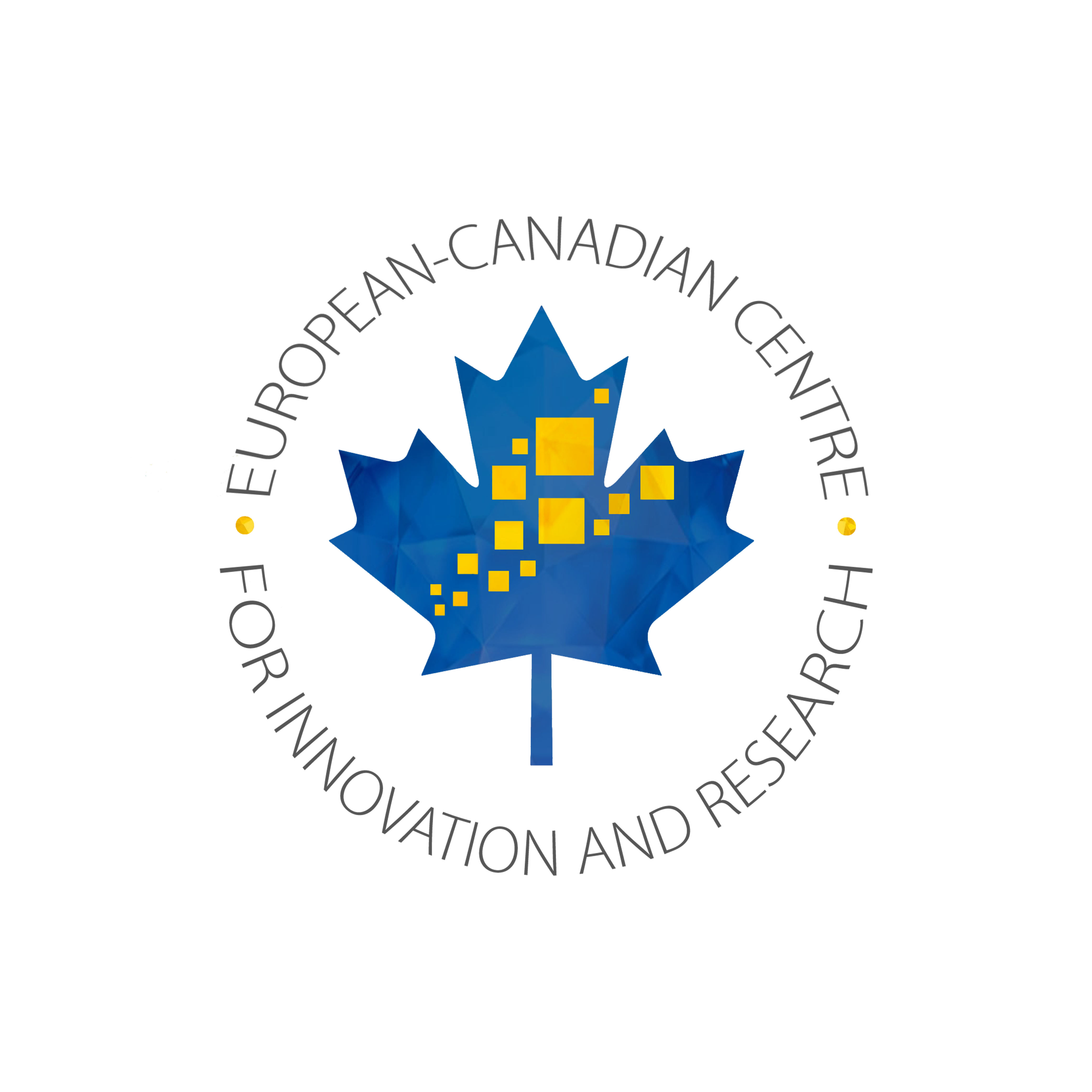 Canadian Maple Leaf with Swedish colours (blue & yellow) with European Canadian Centre for Innovation & Research in a circle around it
