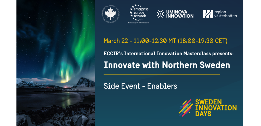 Webinar poster with logos at the top, image of an aurora to the left, title of the session in white and a colour Sweden Innovation Days logo in the bottom right corner