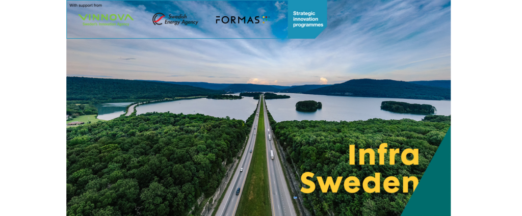 Landscape photo of a road into a lake with Infra Sweden logo in the bottom corner and Formas, Vinnova and Swedish Energy Agency logos in the top corner