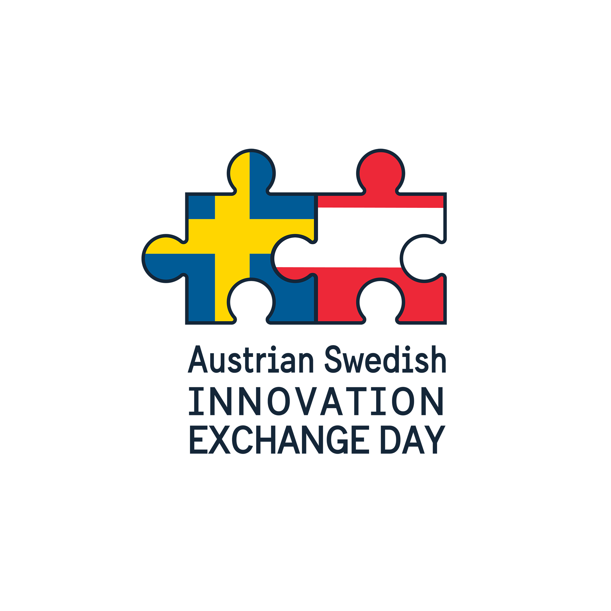 Sweden and Austrian flags in interlocking puzzle pieces with text Austrian Sweden Innovation exchange Day underneath