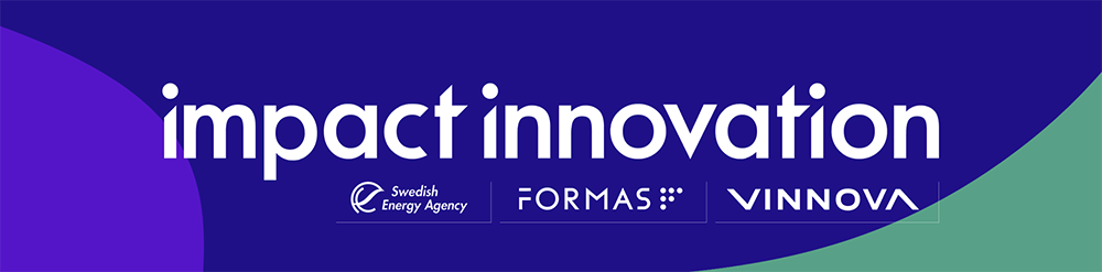Imapct innovation logo with blue background and the Swedish Energy Agency, Formas and Vinnova's logos underneath